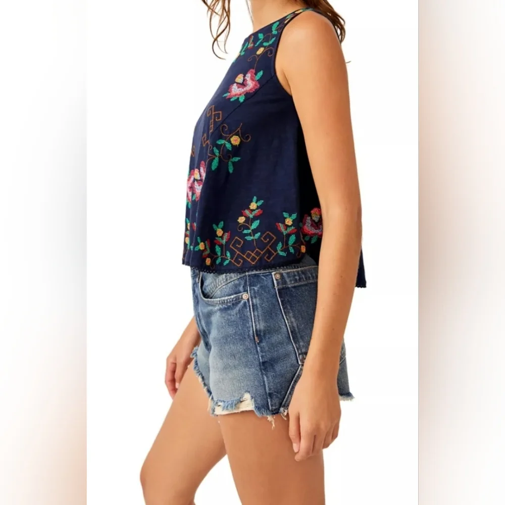 Free People Fun And Flirty Embroidered Top/Cobalt Blue Combo